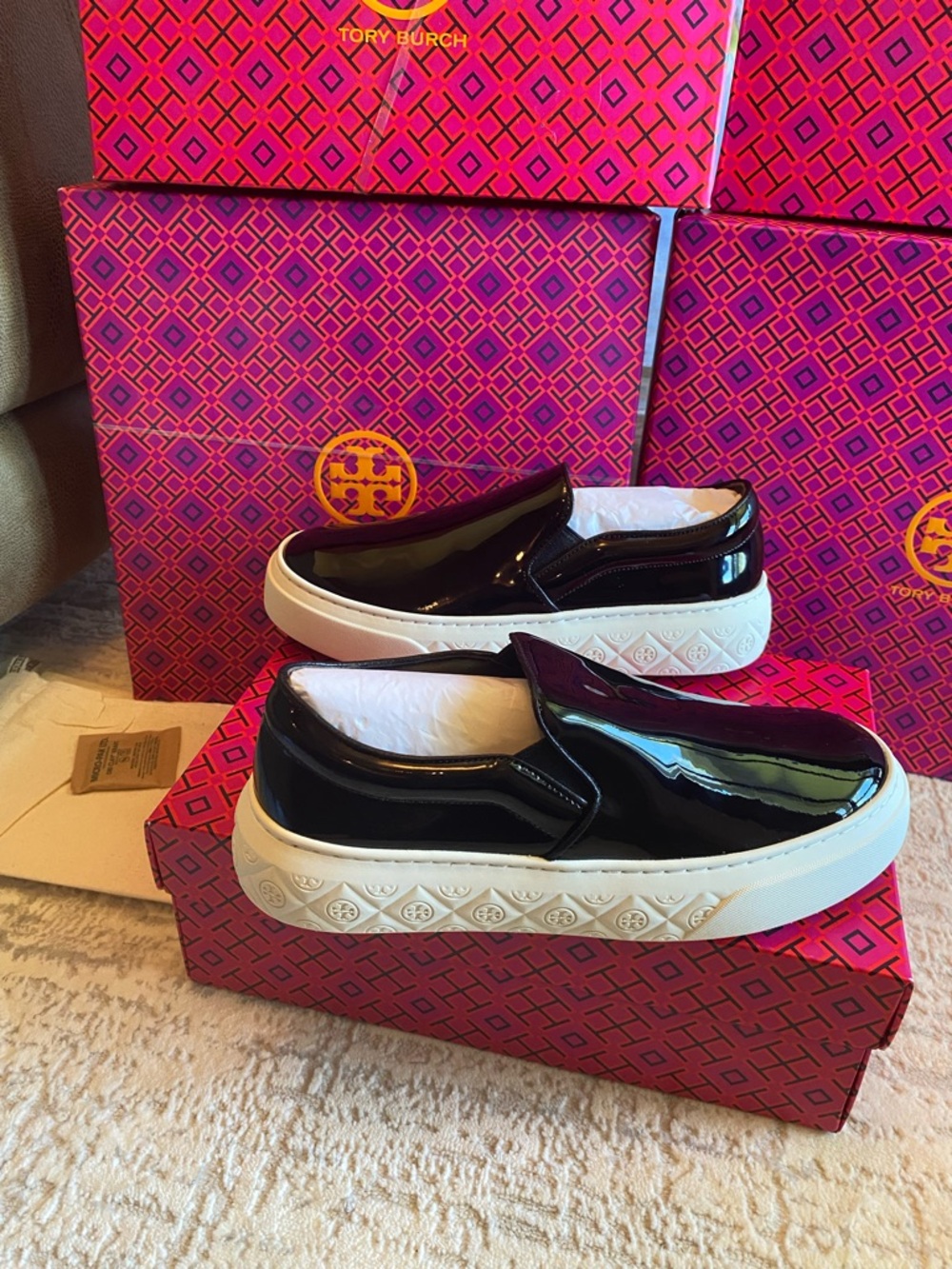 Tory Burch Ladybug Black Patent Slip-On Sneakers with White Platform